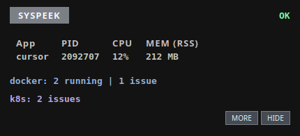 Syspeek HUD showing the focused app's name, PID, CPU and RSS, with Docker and Kubernetes badges and MORE / HIDE buttons.